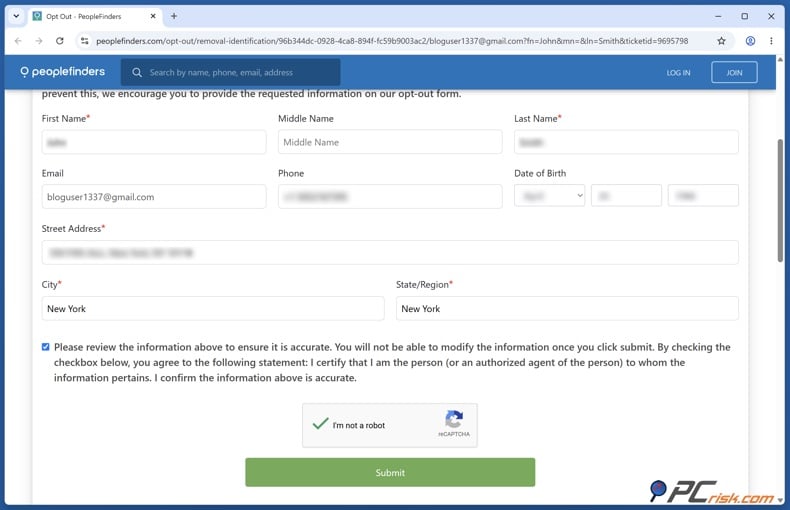 Full opt out form