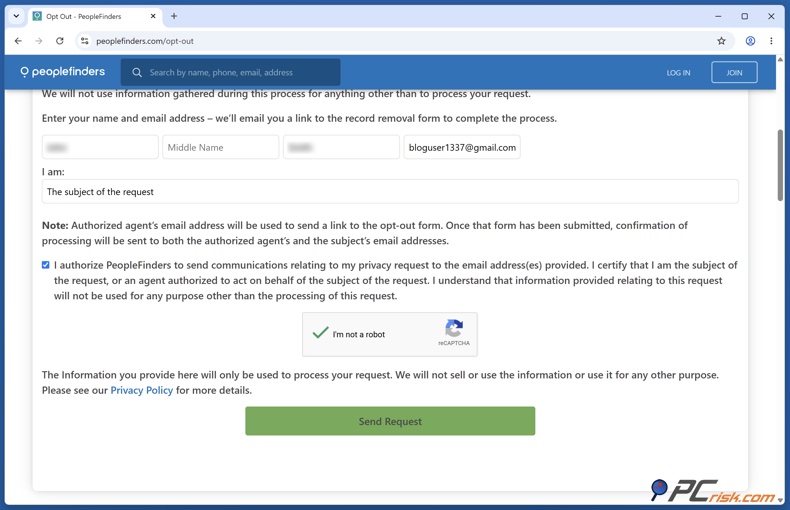 Opt out request section