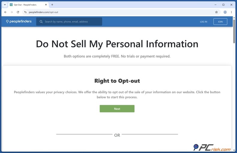 PeopleFinders dont sell my personal information page