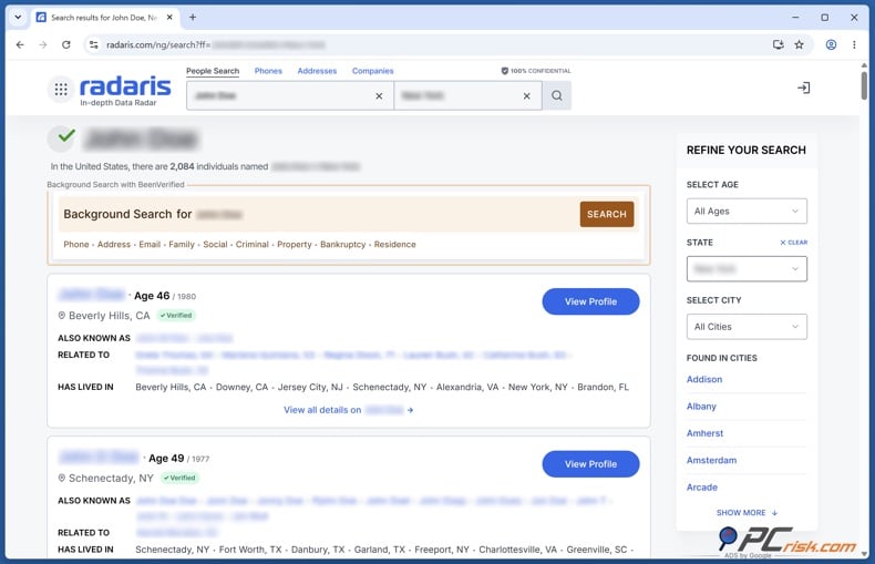 Radaris profile search results
