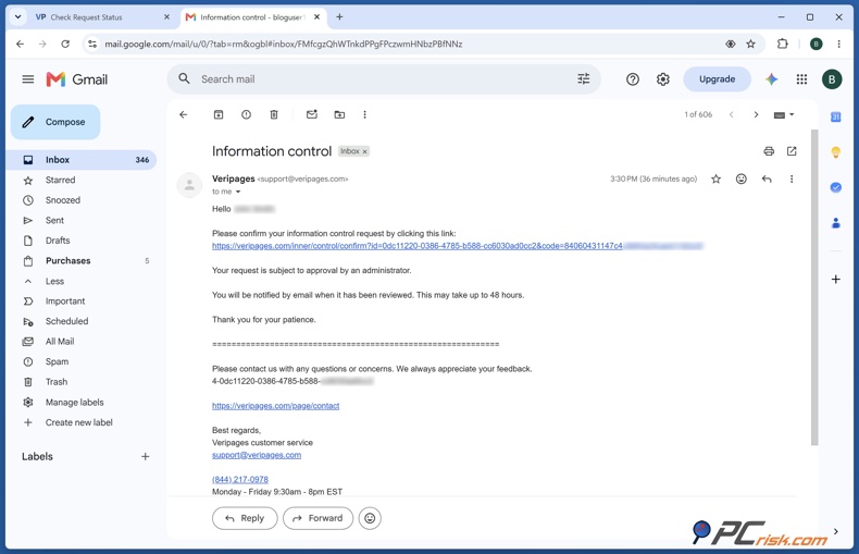 Veripages confirmation email