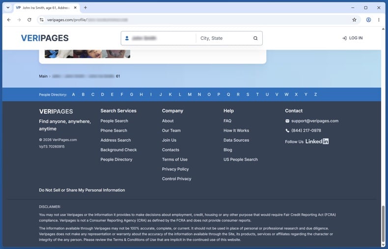 Veripages Control Privacy link in the footer