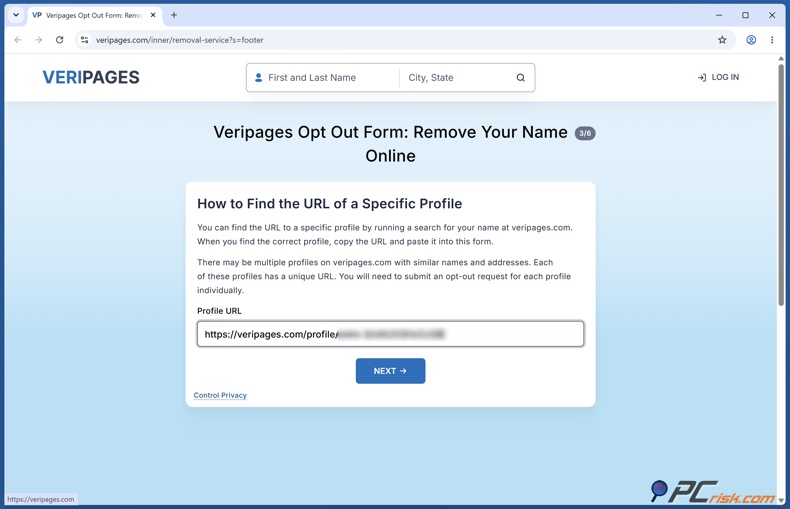 Veripages URL submission