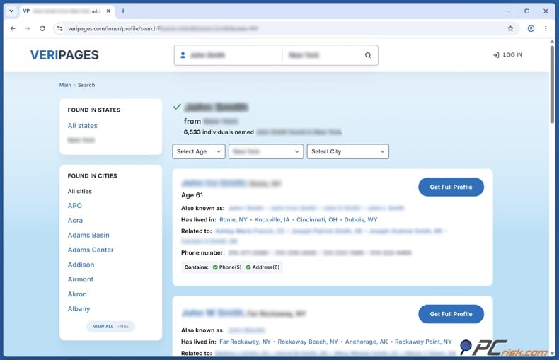 Veripages search results