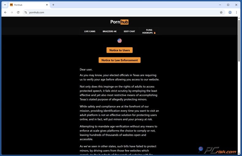 Pornhub age verification check page for Texas