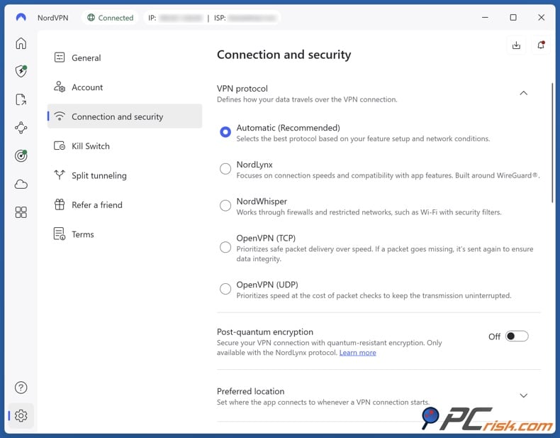Select VPN protocol in NordVPN