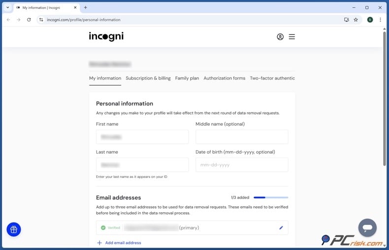 Incogni personal information