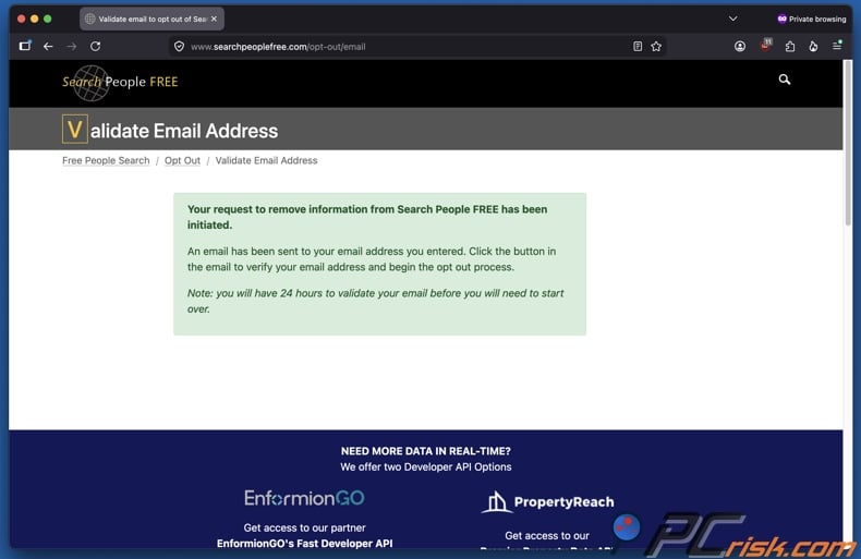 SearchPeopleFREE opt-out initiated