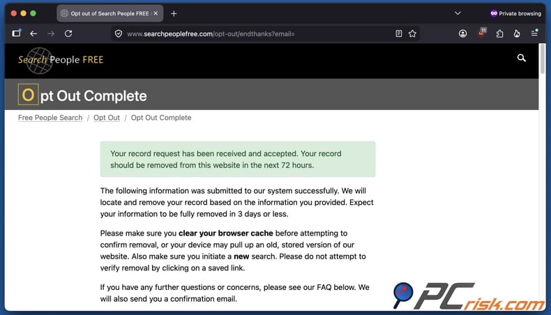 SearchPeopleFREE opt-out request accepted