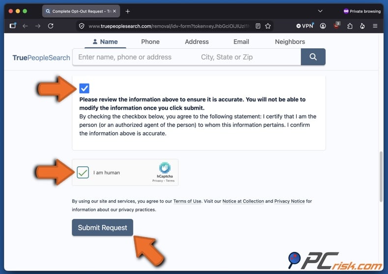 Opt out of TruePeopleSearch 9