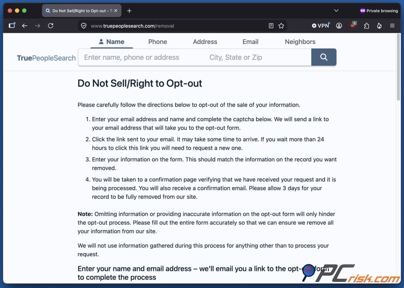 Opt out of TruePeopleSearch 1