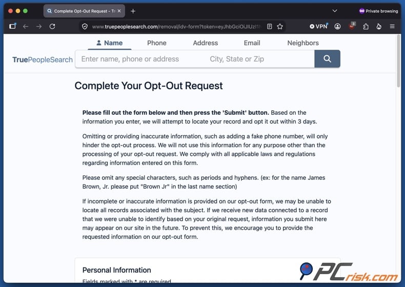 Opt out of TruePeopleSearch 6