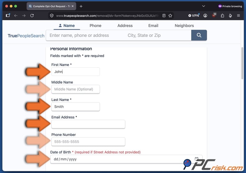 Opt out of TruePeopleSearch 7