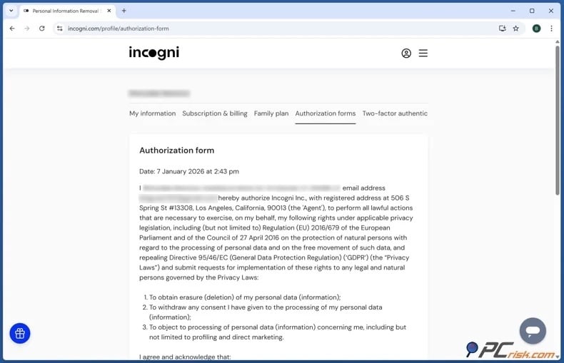 Incogni authorization form