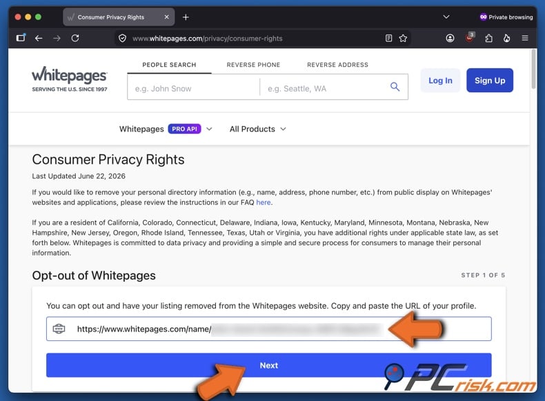 Whitepages opt-out 5