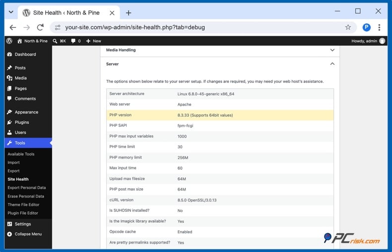 WordPrees site health PHP version