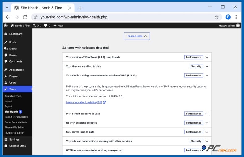 WordPress site health PHP recommended