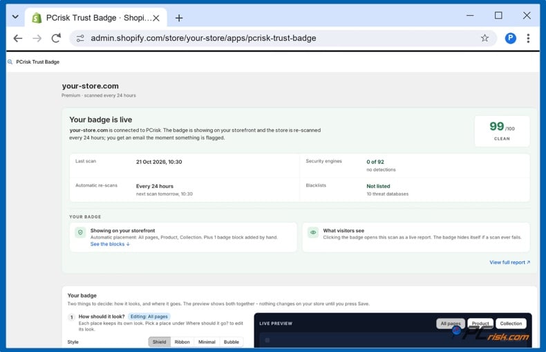 PCrisk Trust Badge store monitoring