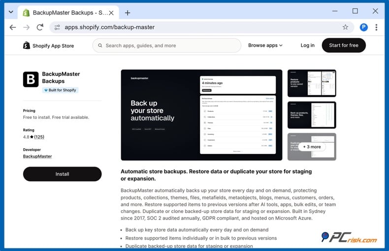 Shopify app store backup app