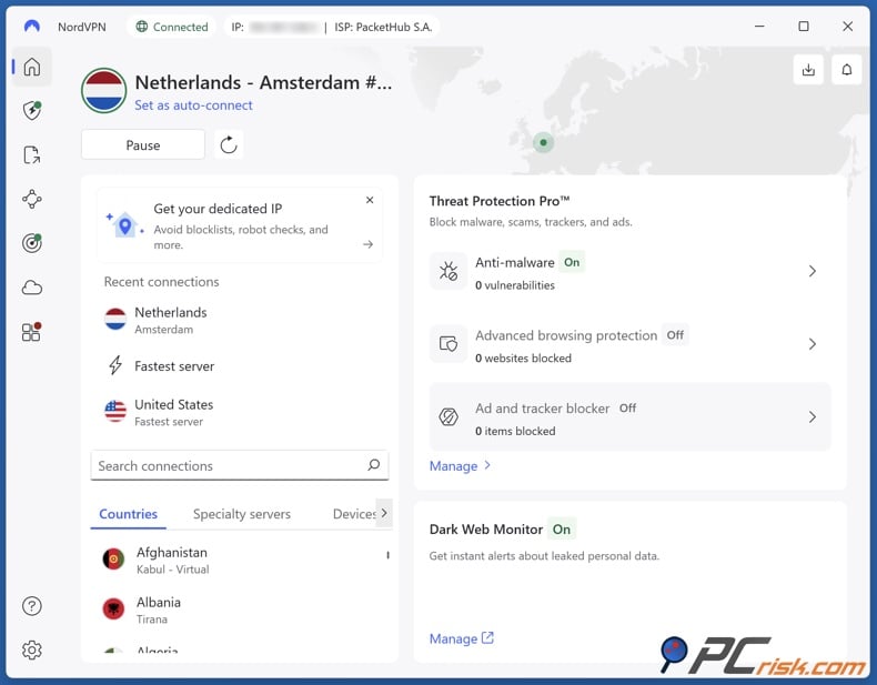 NordVPN connected to the Netherlands