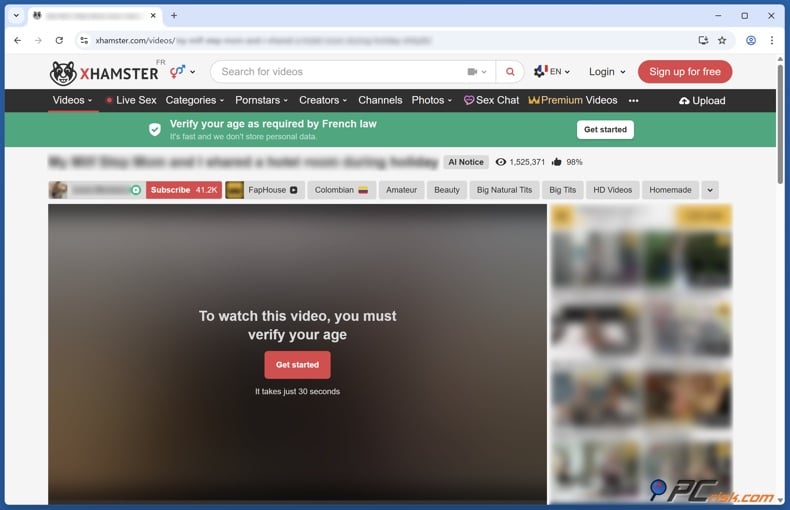 xHamster age verification prompt for French users