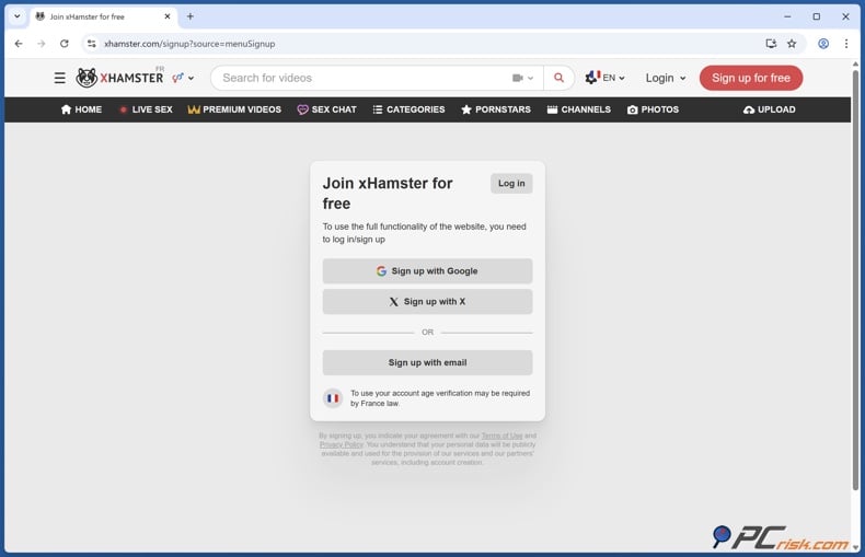 xHamster sign up page
