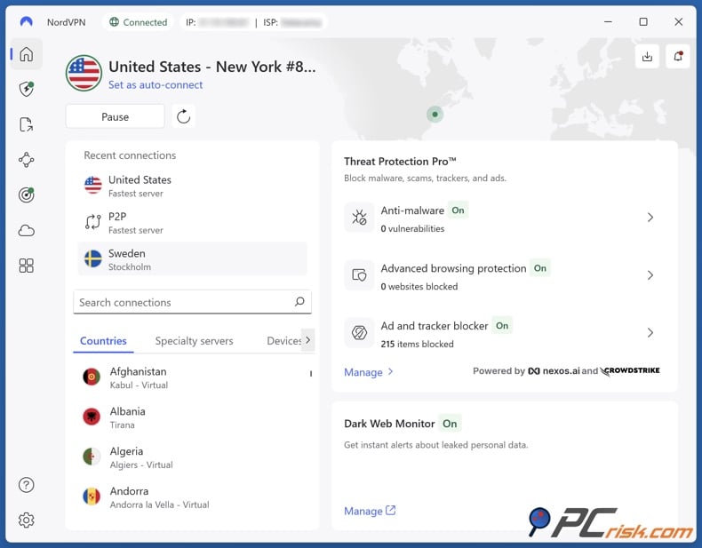 NordVPN connected to a New York server
