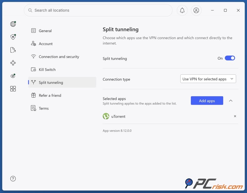 Enable split tunneling for uTorrent