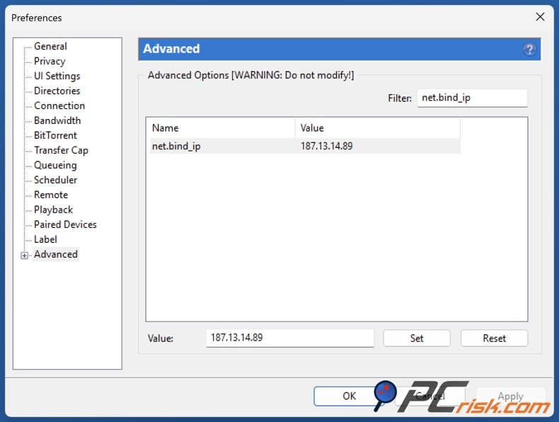 uTorrent net.bind_ip