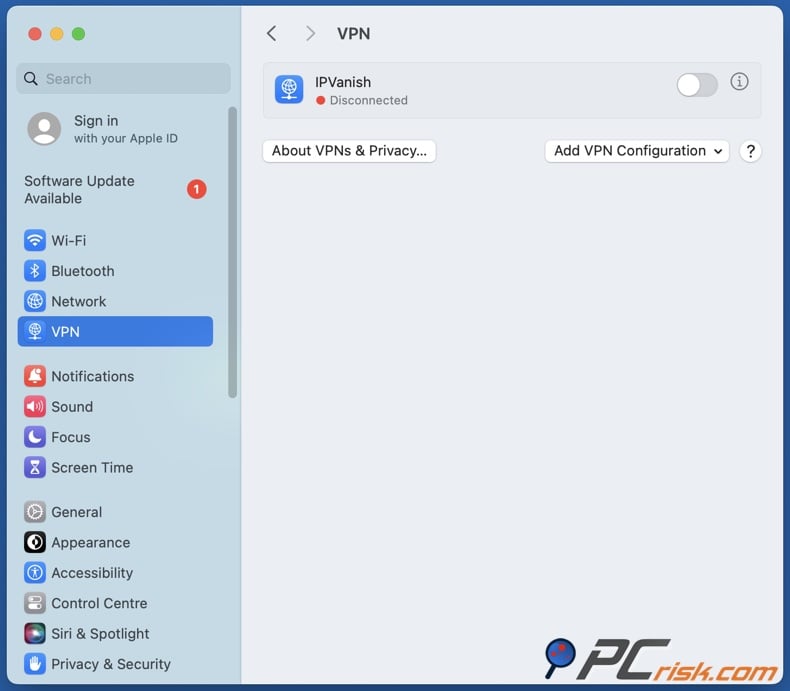macOS VPN configuration menu