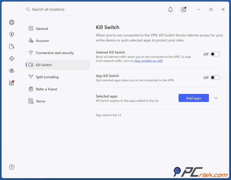 Disable NordVPN kill switch