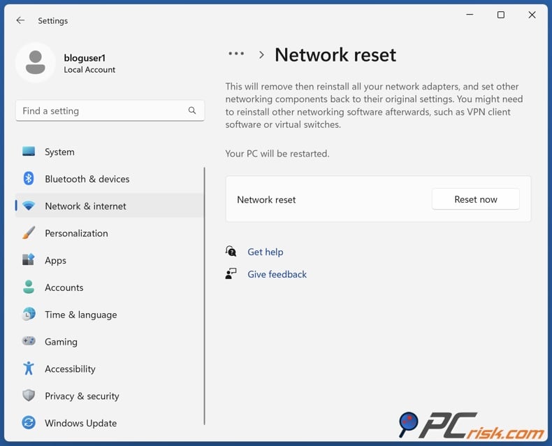 Reset network settings on Windows 11