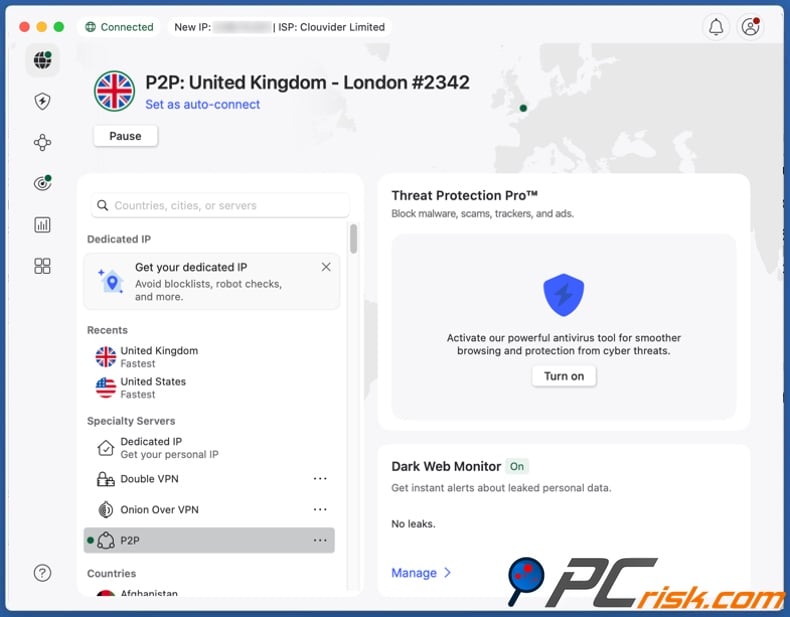 NordVPN connected to the UK