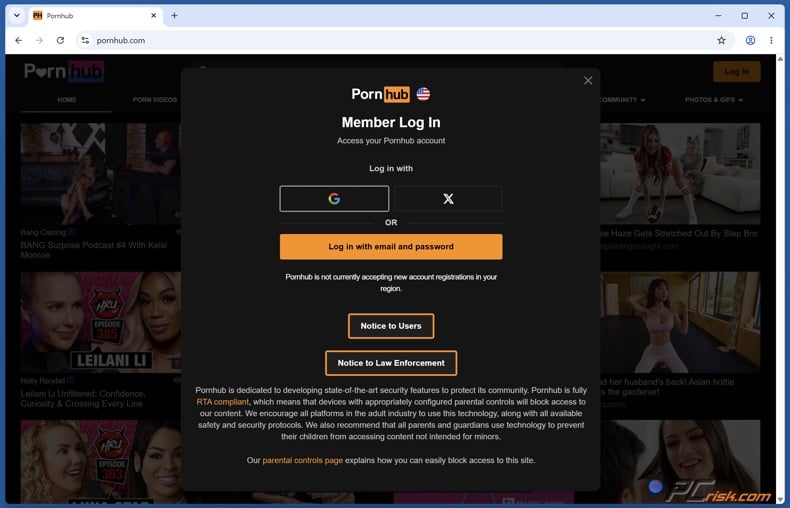 Pornhub login screen