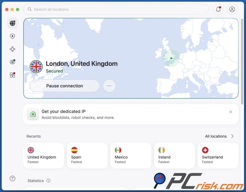 NordVPN connected to the UK
