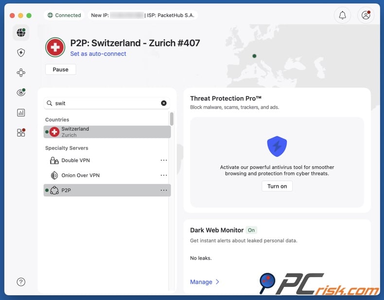NordVPN connected to Switzerland