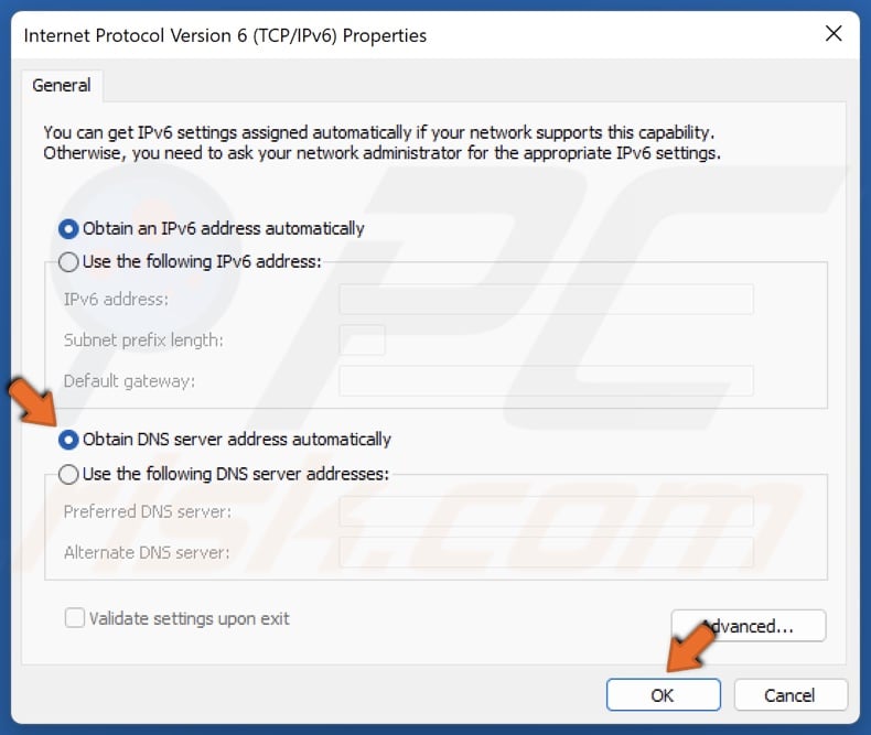 Tick Obtain DNS server address automatically and click OK