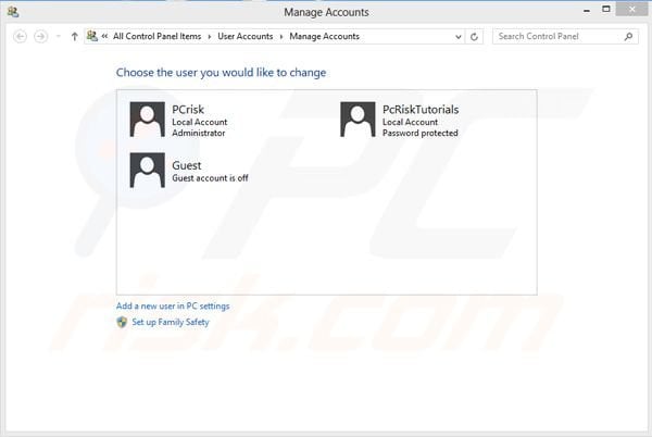 How to remove user account in Windows 8 step 2