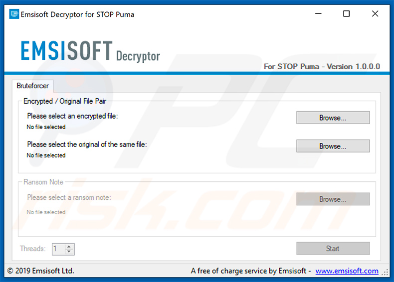 Screenshot of Puma ransomware decryptor by Emsisoft