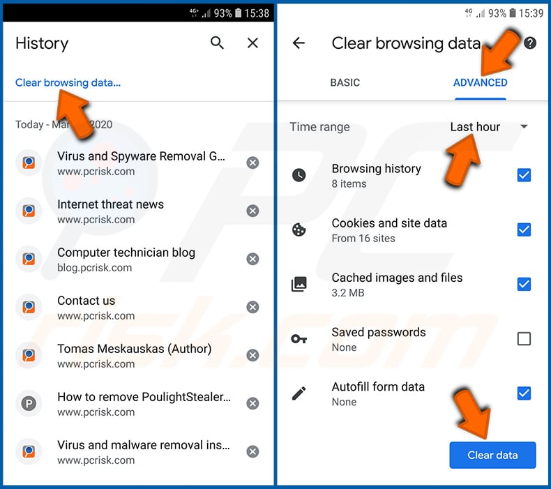 Deleting web browsing history from Chrome in Android operating system (step 2)