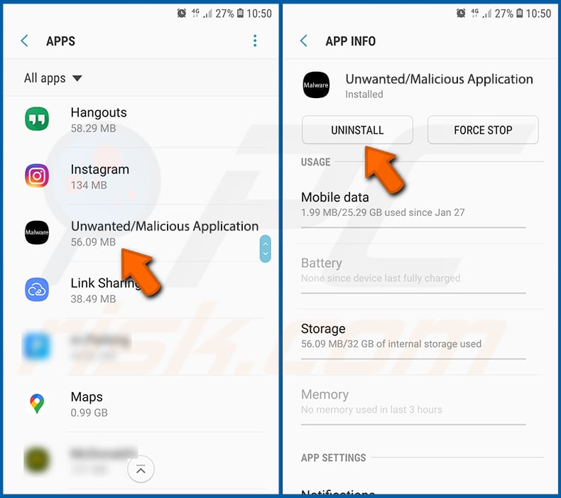 Removing unwanted/malicious applications from the Android operating system (step 2)
