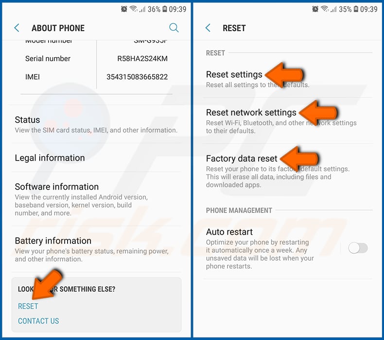 Resetting the Android operating system to its default (step 2)