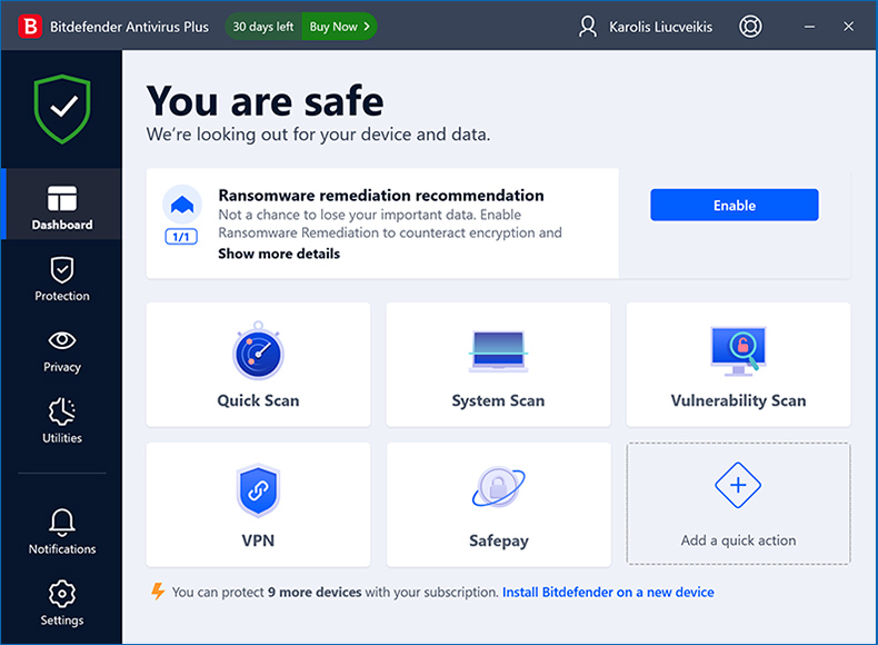 Bitdefender Antivirus Plus initial window