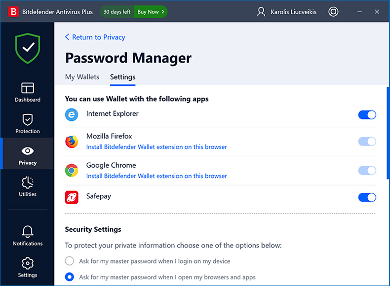Bitdefender Antivirus Plus password manager