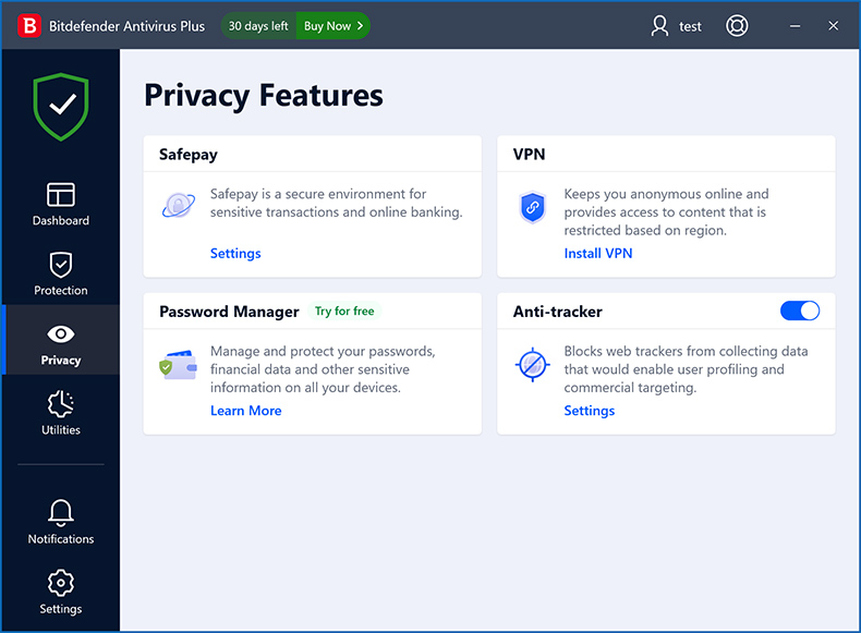 Bitdefender Antivirus Plus privacy features