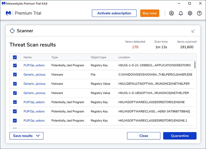 Malwarebytes Premium 2024 scan results