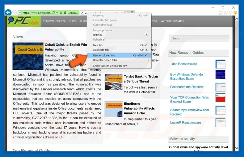 How to restore recently closed tabs in Internet Explorer step 1