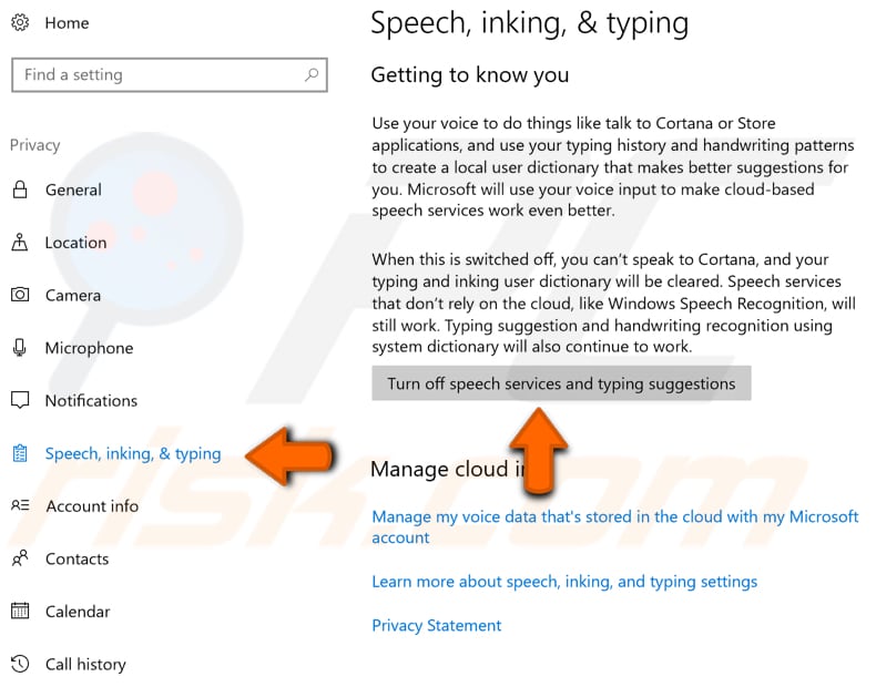 turn off Cortana getting to know me feature in windows 10