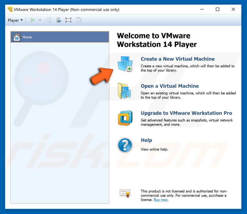 how to create virtual machine with VMware workstation 14 player step 1