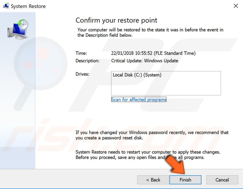 use restore points to restore your system step 4
